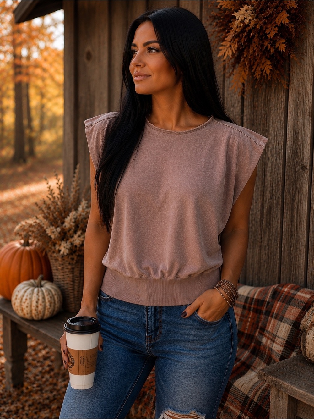 Zenana Raw Edge Ribbed Hem Top — Size M NWOT
